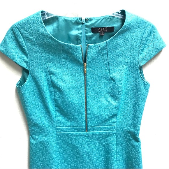 Alex Marie Womens Sheath Midi Dress Sz 4 Retro Turquoise Jacquard - Picture 2 of 7